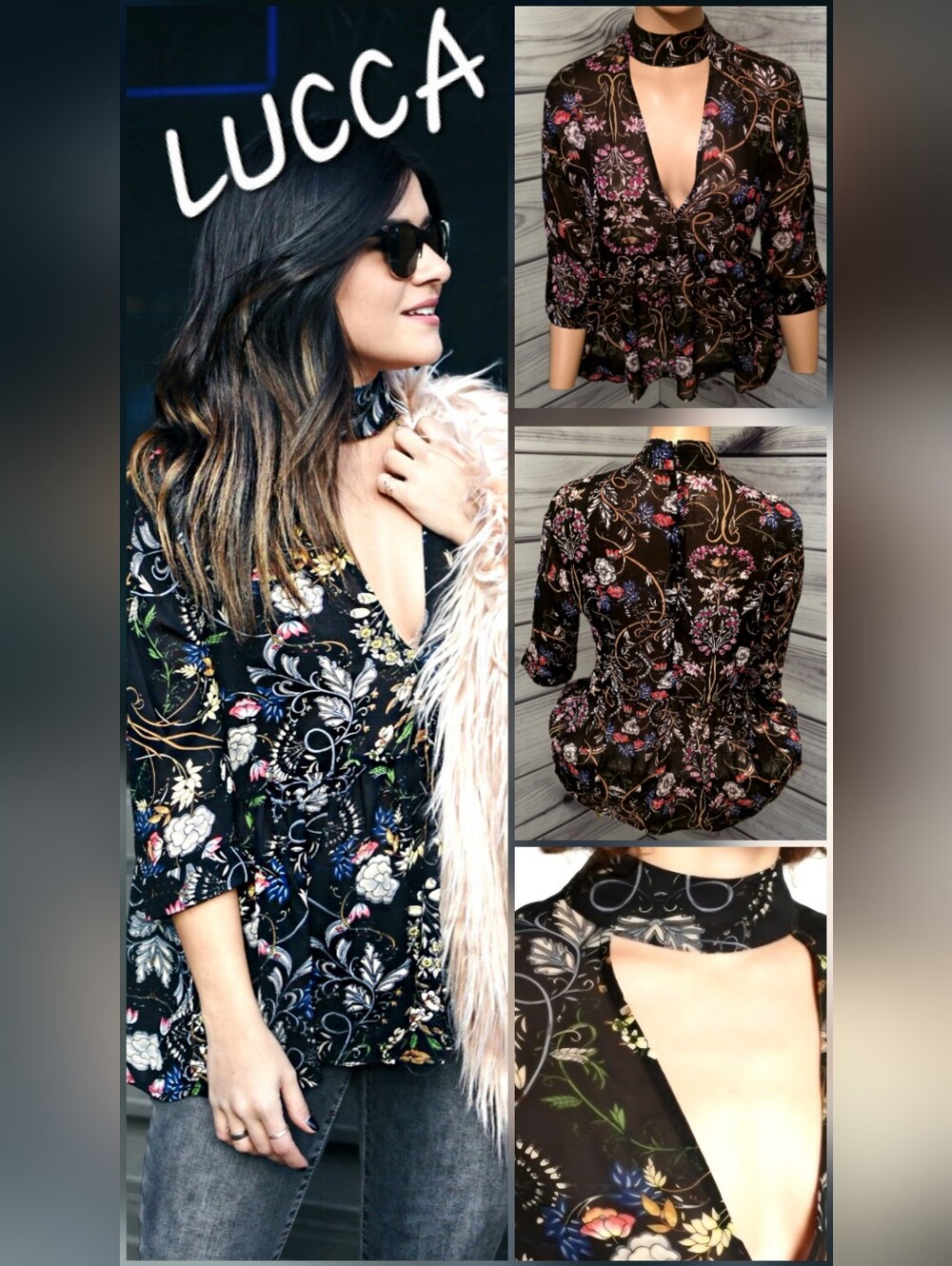 Lucca Couture Choker Neck Black Blouse with Floral Print & Gathered Waist